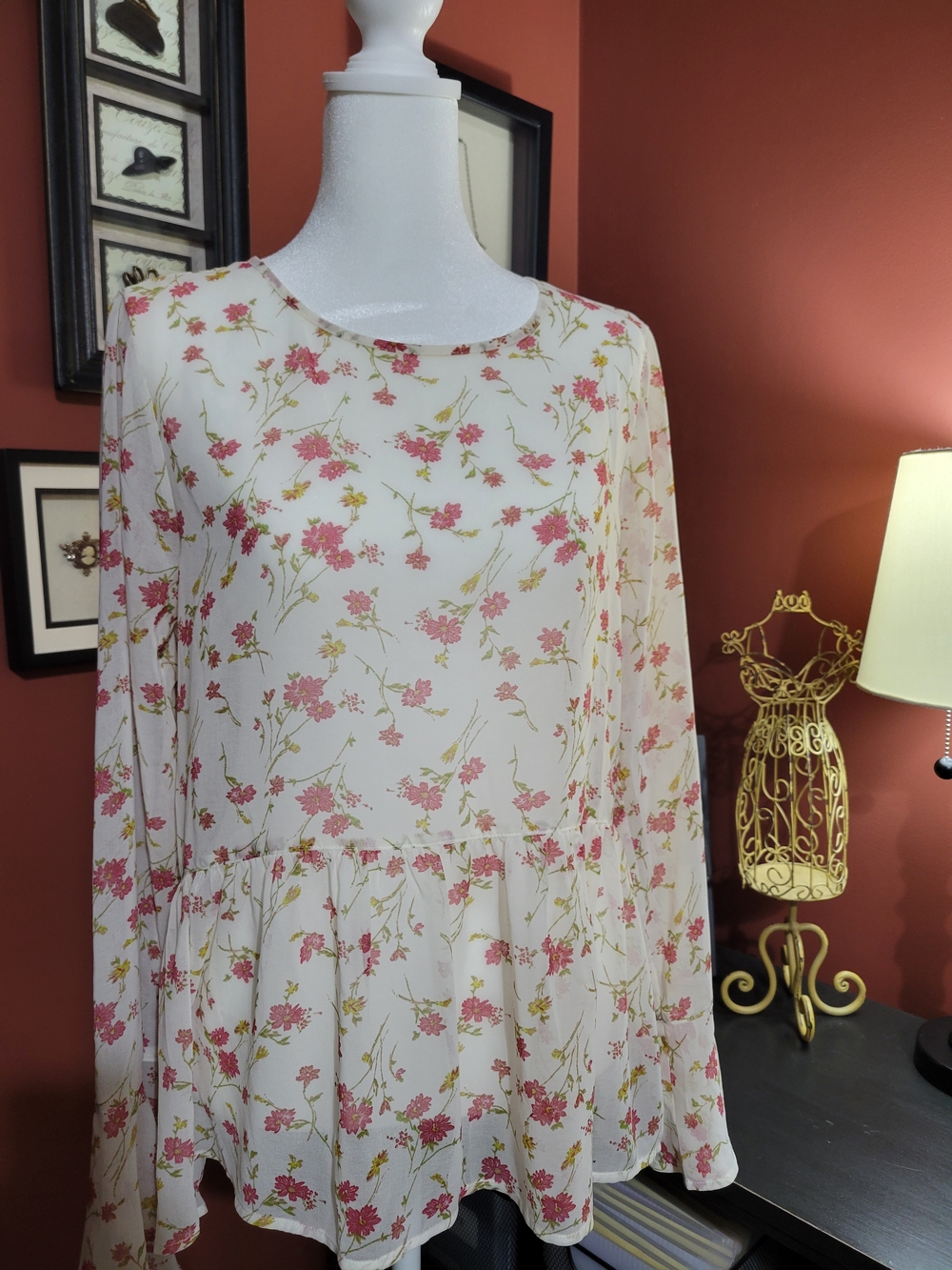 krazy kat White Long-Sleeve Floral Peplum Dress with Pink Blossoms